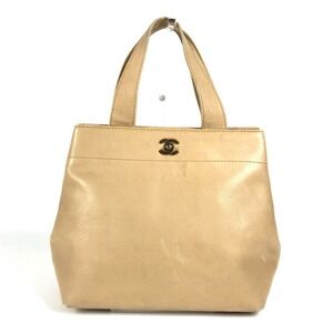 CHANEL Cream Leather Logo Tote Bag